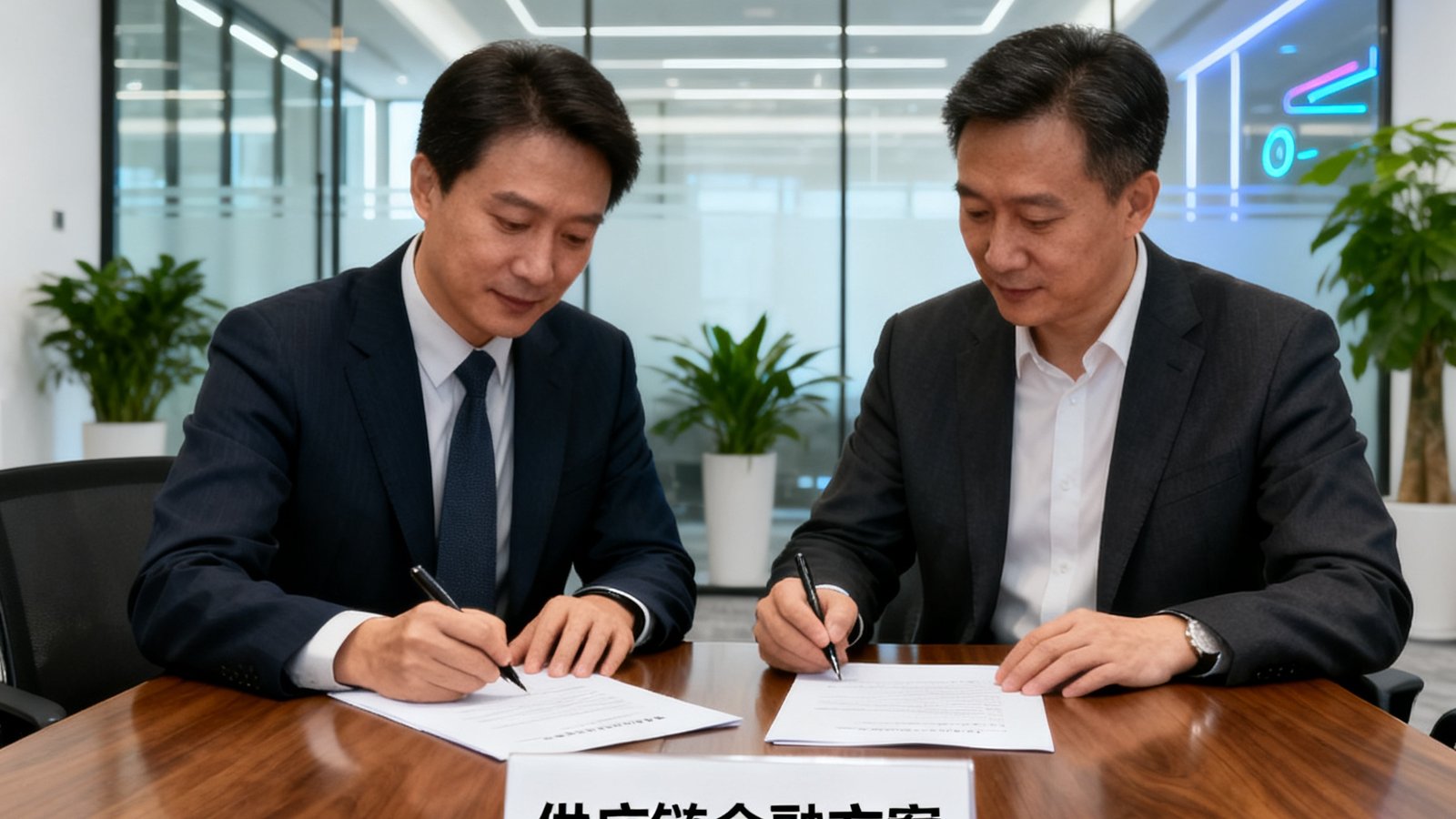 商务会议场景，双方代表在会议桌上签署合作协议，桌面上摆放着供应链金融方案文件，背景是现代化的办公环境