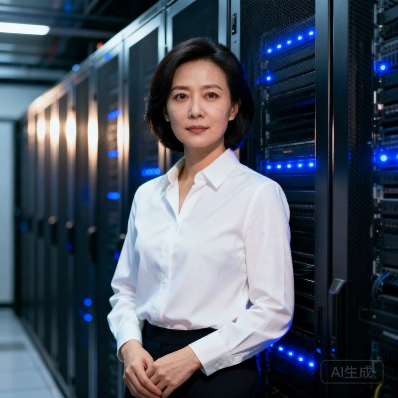 陈雅琳女士商务照，身着干练的白色衬衫，站在数据中心机柜前，展现出技术领导者的专业气质